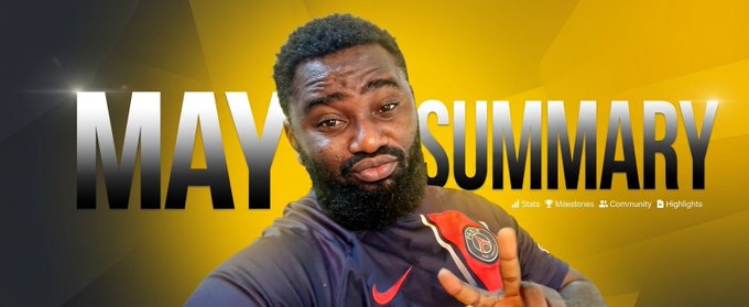 The image features a man with a beard wearing a blue shirt who appears to be smiling at the camera. The background of the image has a yellow color scheme, which contrasts with the man's dark hair. The text "May Summary" is written in black above and below the man's head, indicating that this is likely an advertisement or promotional material for something related to the month of May.