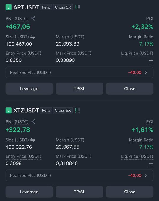 A trading app screenshot with two open positions: APTUSDT Perp showing +467.06 PNL (+2.32%) and XTZUSDT Perp showing +322.78 PNL (+1.61%), both with 5X cross leverage and positive realized PNL of -40.00.