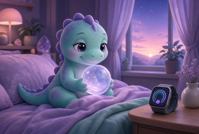 An animated cute dragon character with a crystal ball sits on a purple bed in a cozy room with a smartwatch on the nightstand.