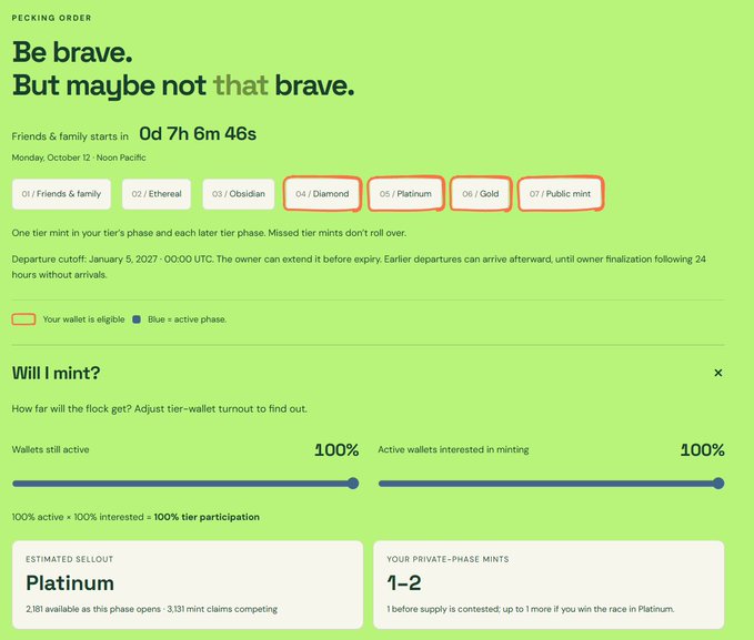 A green-themed web interface for an NFT minting process with the heading 'Be brave. But maybe not that brave.', showing tier phases (Friends & family through Public mint) and 100% tier participation.