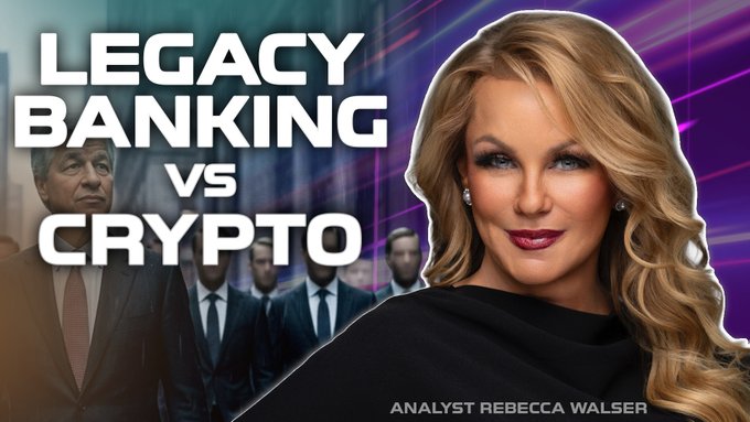 A promotional thumbnail for a live YouTube stream featuring analyst Rebecca Walser, with bold text reading "LEGACY BANKING VS CRYPTO" against a backdrop of suited businessmen, tied to a discussion on macroeconomics, Fed rate decisions, and crypto markets ($BTC, $ETH, $GLD).