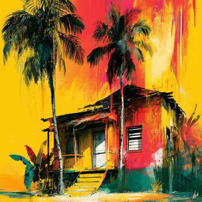 The image features a painting of a house with palm trees, set against a yellow background. The artwork is titled "Jamaica" and includes text that reads "Good afternoon fam! My new artwork Jamaica". The painting is displayed on an art gallery website called "jamaica".