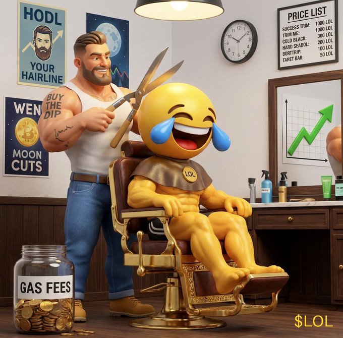 A cartoon illustration of a muscular barber giving a haircut to a muscular emoji character wearing a 'LOL' cape, in a barbershop decorated with crypto memes like 'HODL YOUR HAIRLINE' and 'WEN MOON CUTS'; a jar labeled 'GAS FEES' sits nearby, and a price list shows services like 'SUCCESS TRIM' and 'TRIM ME' priced in 'LOL'.