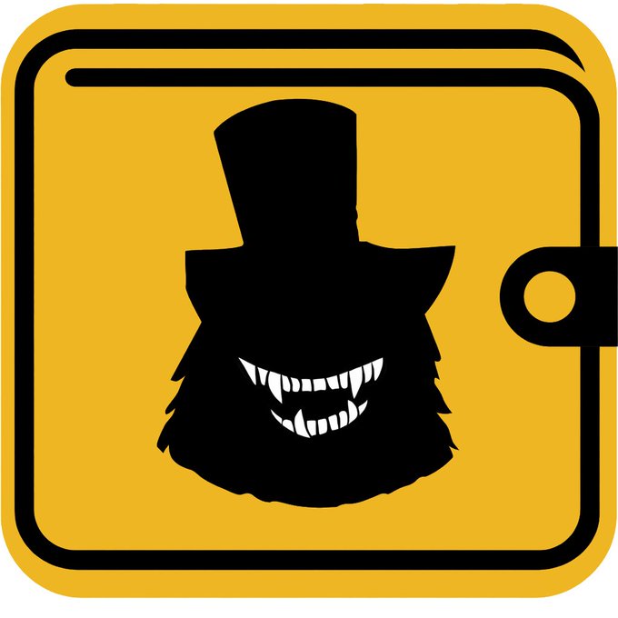 An app icon featuring a black silhouette of a grinning figure in a top hat and ruffled collar against a yellow background, designed to look like a wallet.