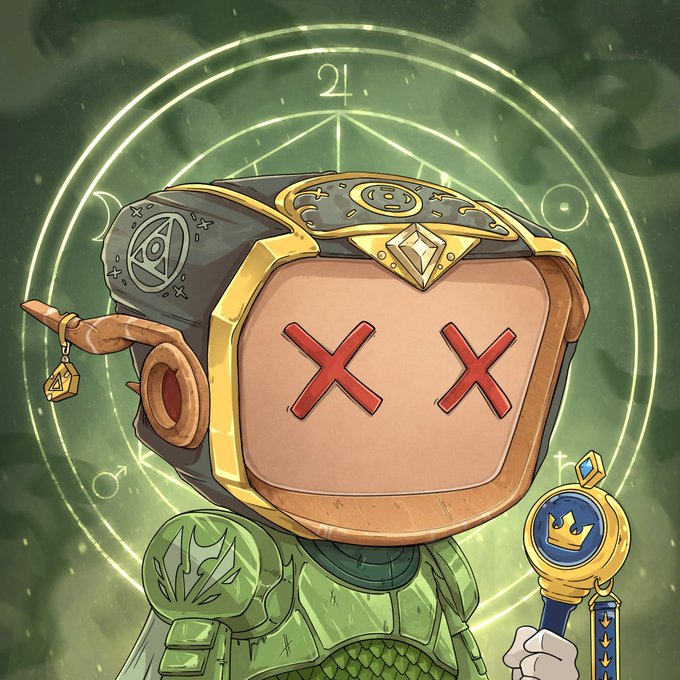A stylized cartoon character with red "X" eyes and an ornate, rune-inscribed helmet stands before a glowing green magical sigil marked with the number "21," while holding a golden staff topped with a blue crown, visually evoking the mystery and anticipation of a freshly "revealed" mystery box drop.