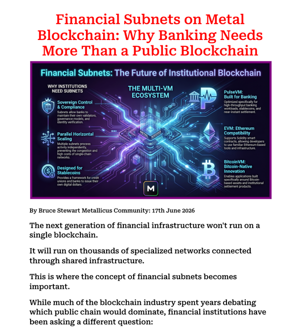 The image shows a poster or flyer that highlights the benefits of using blockchain technology for financial institutions, such as providing a secure and transparent way to manage transactions and data. The poster emphasizes the importance of subnets in creating a more than public blockchain infrastructure, which allows organizations to have their own networks and control over their data. It also mentions stablecoins and tokenized deposits, which require specialized environments due to their unique characteristics compared to traditional cryptocurrencies.