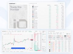 A webpage or dashboard screenshot titled 'Trade the frontier,' displaying a leaderboard with various user rankings and financial data tables below, featuring line charts and numerical values in green and red.