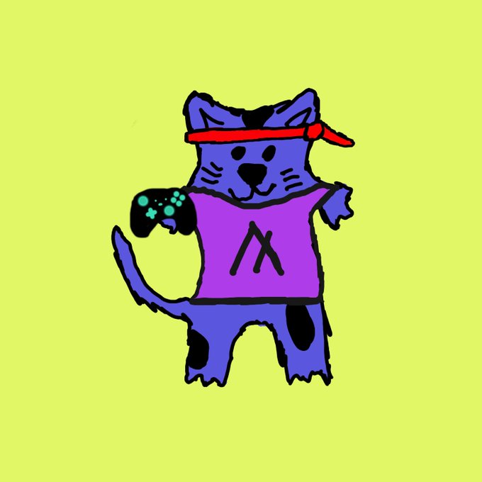 A cartoon drawing of a blue cat wearing a red headband and purple shirt, holding a game controller against a yellow background.