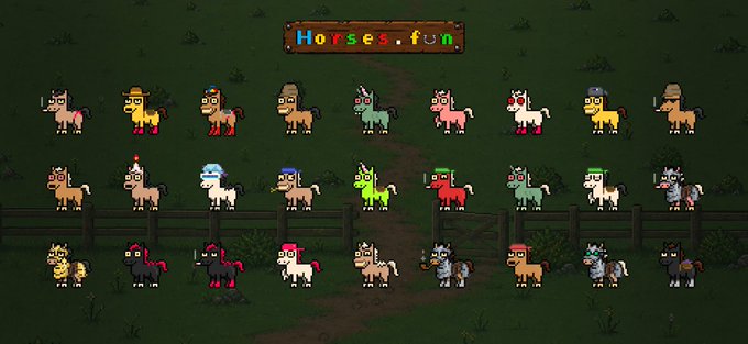 A pixel-art display of 27 colorful horses in various hats, outfits, and mounts, with "Horses.fun" displayed on a wooden sign at the top, illustrating the playful on-chain horse collection advertised in the post.