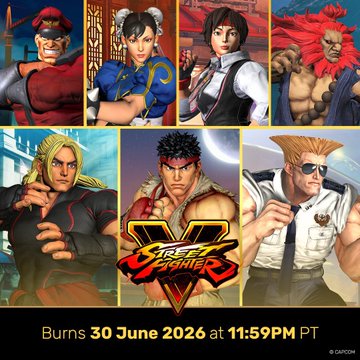 Promotional image for Capcom's Street Fighter V Digital Collectibles on Veve, featuring iconic characters M. Bison, Chun-Li, Mai Shiranui, Akuma, Ken, Ryu, and Guile arranged in a grid, with the Street Fighter V logo center-bottom and text announcing a "Burns 30 June 2026 at 11:59PM PT" deadline.