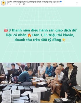 A Vietnamese news post about 3 young men running a crypto exchange with over 1.35 million accounts and 400 billion in revenue, showing a photo of people gathered around multiple laptops and phones.