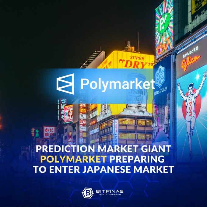 The image features a cityscape at night, with neon signs illuminating the buildings. The text overlays the scene reads "Prediction Market Giant Polymarket preparing to enter Japanese market" along with an image of a person holding a sign that says "Pop".