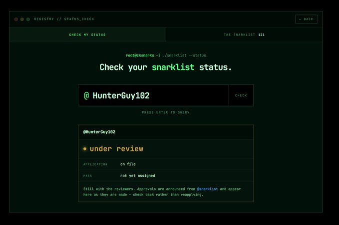 A dark terminal-style webpage shows a snarklist status check for @HunterGuy102, indicating the application is under review and a pass has not yet been assigned.