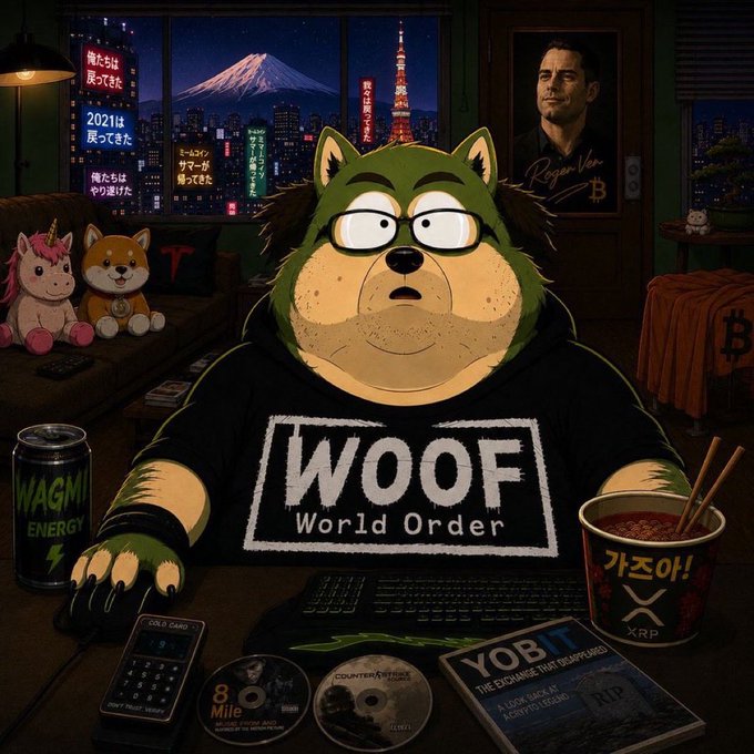 A cartoon dog mascot wearing glasses and a "WOOF World Order" hoodie sits at a desk with crypto paraphernalia—including a "WAGMI ENERGY" can, XRP ramen, a Cold Card wallet, and a "YOBIT" display—while framed portraits of Roger Ver and a nighttime Tokyo skyline with Mt. Fuji appear in the background, visually embodying the "Wolfpack" and $WOOF slogan of the post.