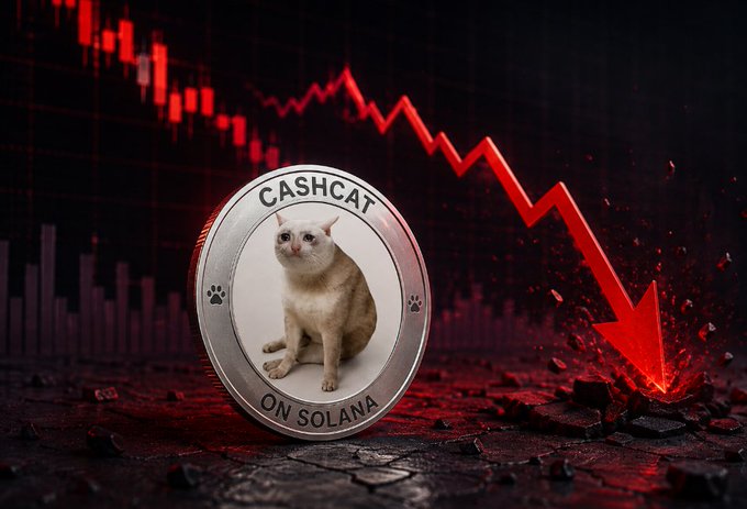 A digital artwork showing a silver coin labeled 'CASHCAT ON SOLANA' featuring a cat image, with a red downward-trending stock chart in the background depicting a market crash.