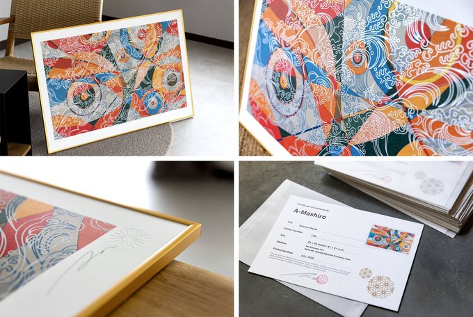 A multi-panel display showcasing a framed abstract artwork titled "A-Mashiro" along with its certificate of authenticity and embossed signature details.