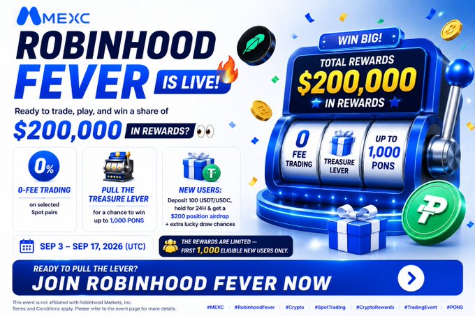 A promotional banner for MEXC's 'Robinhood Fever' event featuring a slot machine graphic, offering $200,000 in rewards, 0-fee trading, and prizes for new users, running Sep 3 – Sep 17, 2026.