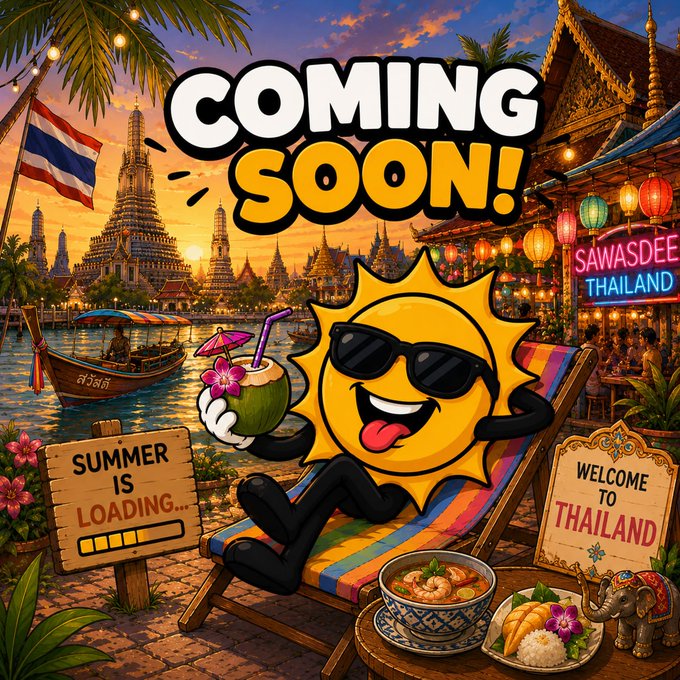 The image features a cartoon sun character sitting on a beach chair with a bowl of food next to him. The background shows a tropical setting, including palm trees and other elements typical of a beach environment. The caption for the image reads "Thailand $SUMMER = Paradise on steroids! Beaches, vibes, and endless summer nights!".