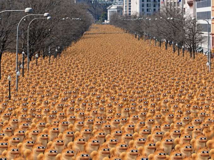 Thousands of identical frog figurines flood a tree-lined boulevard, visually echoing the post's call for a massive $DOPE memecoin army uniting into the "biggest cult in crypto."