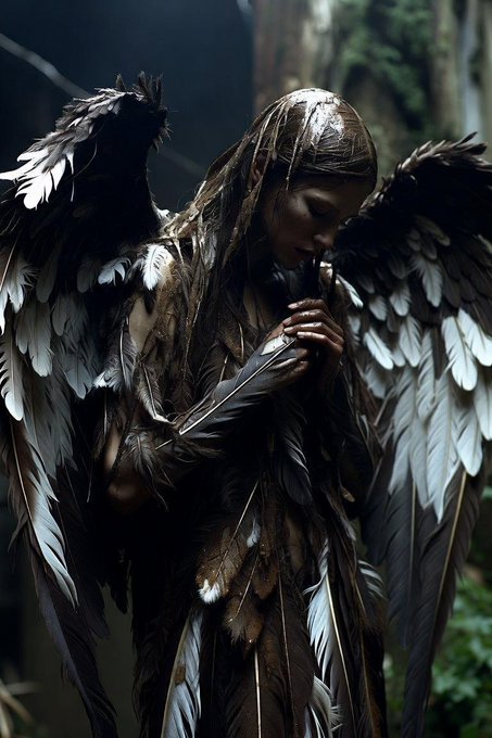 A dark, moody digital illustration of a winged angel-like figure with large feathered wings, head bowed, covered in dark feathers and veils.