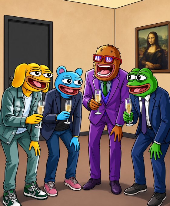 A vibrant cartoon scene depicts a group of colorful anthropomorphic characters—including a figure in a purple suit and another wearing a "W" mask—cheerfully raising champagne glasses in a room adorned with the Mona Lisa, perfectly capturing the camaraderie of the "$WOLF" meme's weekend celebration theme.