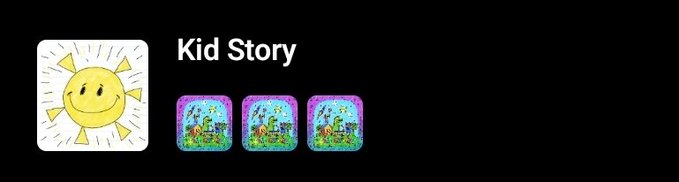 The image shows the "Kid Story" app icon featuring a smiling yellow sun alongside three colorful pixel-art preview images against a black background. This relates to the post, as the user has accumulated 3 Kid Story NFT offers on WETH and is eagerly awaiting the reveal to discover which artwork they received.
