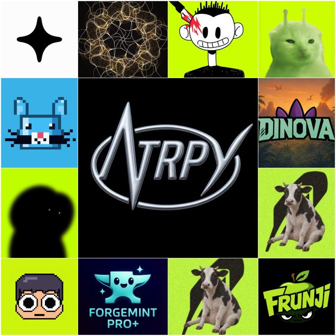 A collage featuring an 'NTRPY' logo in the center, surrounded by various internet meme images including a pixel cat, a brushstroked figure, a green cat, a 'DINOVA' logo, a hooded figure, a goat, a 'FORGEMINT PRO+' logo, and a 'FRUNJI' logo on a green background.
