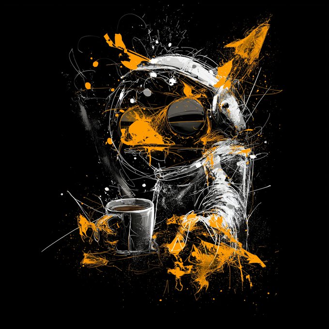 A stylized digital illustration of an astronaut in a helmet rendered with bold black, white, and orange paint splatter effects, sitting beside a cup of coffee against a dark background.