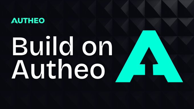The image features an advertisement for Autheo, which is a platform that allows users to build applications using smart contracts. The text "Build on Autheo" is displayed at the top of the image, indicating the focus on the Autheo DevHub platform. Below this, there are four bullet points explaining how to use the platform: 
1. Generate your TheoID (Unique Identifier) for your application.
2. Start a project by creating a new project in the Autheo DevHub app.
3. Join the developer community and share your projects with others.
4. Use smart contracts to build, deploy, and manage your applications on Autheo DevHub.
