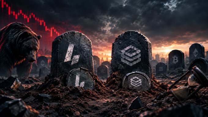 A dark, apocalyptic digital illustration showing cryptocurrency gravestones, prominently featuring Bitcoin (BTC) and a coin resembling BNB, with a bear in the background and a stock market chart fading into a red sky.