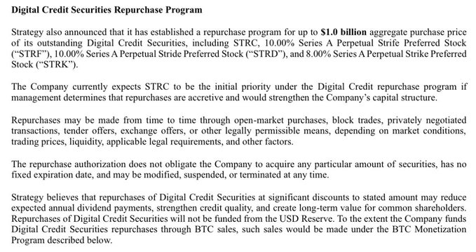 Strategy's June 29, 2026 announcement establishing a $1.0 billion repurchase program for its Digital Credit Securities, including STRC, STRF, and STRK perpetual preferred stock, with the company expecting STRC to be the initial priority for repurchases.