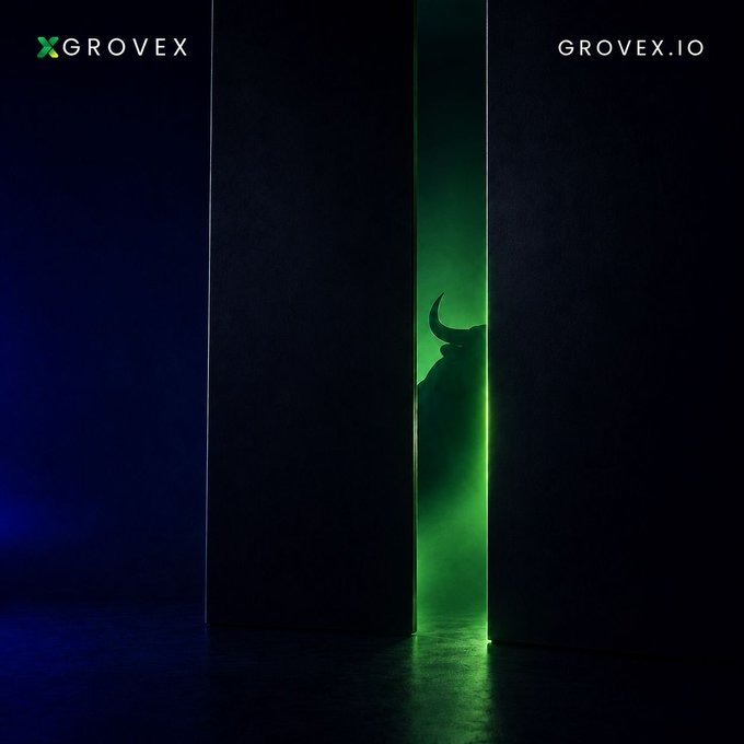 A silhouette of a bull emerges from a doorway glowing with green light, symbolizing an imminent bull run, with "GROVEX" and "GROVEX.IO" displayed in the upper corners. The atmospheric imagery reinforces the post's message of an approaching bullish market trend.