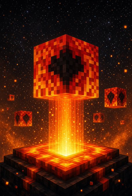 A glowing pixel-art forge beams red and orange energy upward into a starry sky, surrounded by floating magma cubes, visually channeling the "PixelForge" NFT mint announcement dated August 25 at 10 AM EST.