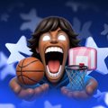 An animated cartoon character with an open-mouthed expression holding a basketball and a card-like object.