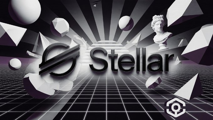 The image features a futuristic scene with a black background, white text, and various shapes such as stars and diamonds scattered throughout. The main focus of the image is the word "Stellar" written in large white letters at the center. The surrounding elements are designed to create an immersive experience for viewers, possibly representing a digital art piece or a promotional material related to cryptocurrency or blockchain technology.