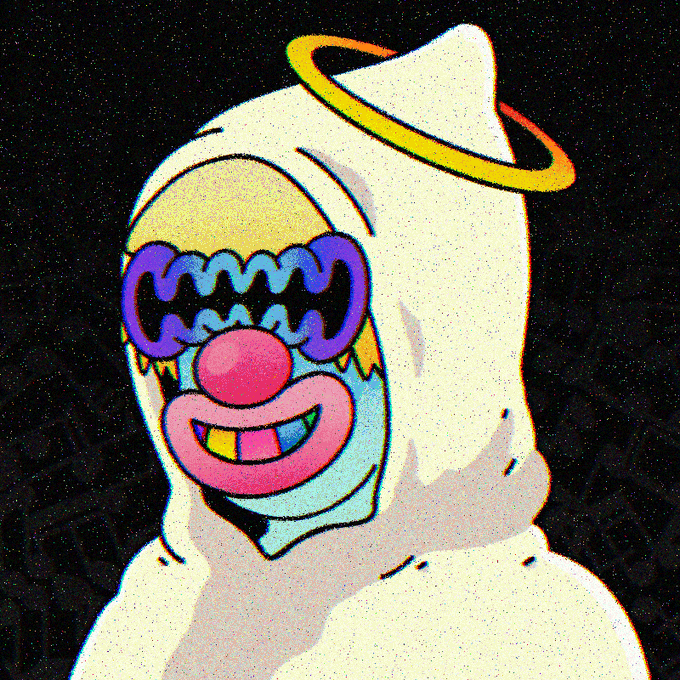 A stylized illustration shows a figure in a white hooded robe with a yellow halo above their head, featuring a colorful clown-like face with purple eyebrows, a pink nose, and rainbow lips against a black background.