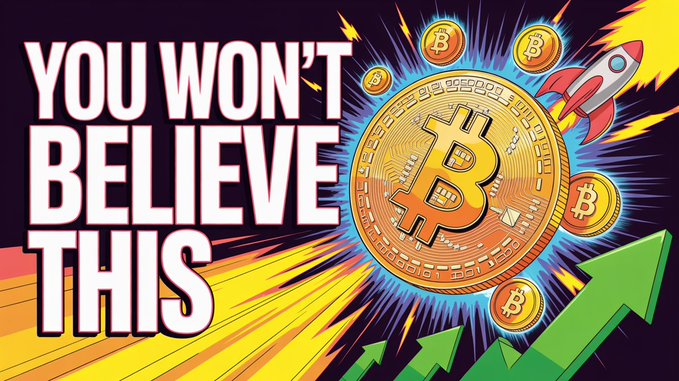 A bold, comic-style graphic featuring a large golden Bitcoin coin with a rocket and rising green arrows, accompanied by the text "YOU WON'T BELIEVE THIS." The image visually reinforces the post's excitement about Bitcoin and Ethereum's upward momentum in the crypto market.