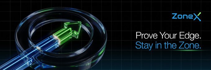 A digital banner for 'ZoneX' features a glowing green arrow with the slogans 'Prove Your Edge.' and 'Stay in the Zone.'