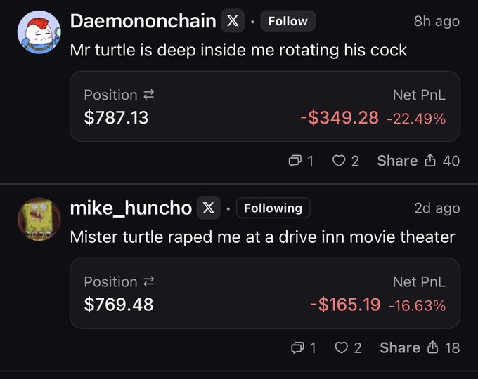 Two social media posts from users "Daemononchain" and "mike_huncho" reference "Mr turtle" in crude, meme-like posts while showing cryptocurrency trading losses of -$349.28 (-22.49%) on a $787.13 position and -$165.19 (-16.63%) on a $769.48 position, respectively—humorously suggesting the crypto space has strayed far from "Satoshi's vision" of a decentralized financial system into a chaotic, irreverent culture.