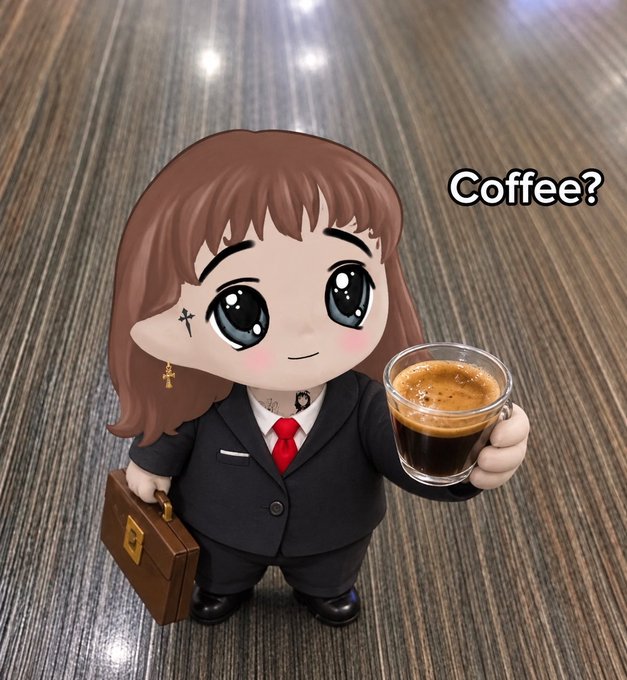 A chibi-style figure in a black suit with red tie holds a briefcase and offers a glass of espresso with the text 'Coffee?' overlaid.