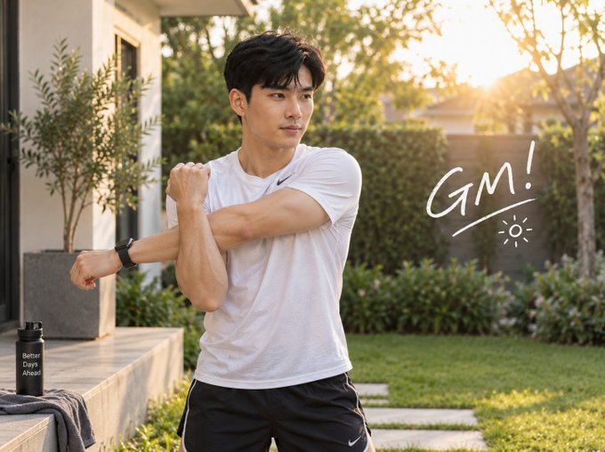 A man in a white Nike t-shirt and black shorts stretches his arm outdoors in a sunlit garden setting, with a 'GM!' greeting and sun icon overlaid, alongside a 'Better Days Ahead' product bottle.