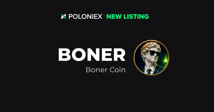 A promotional graphic on a black background announces a 'POLONIEX NEW LISTING' for 'BONER' (Boner Coin), featuring a logo of a classical statue wearing sunglasses.