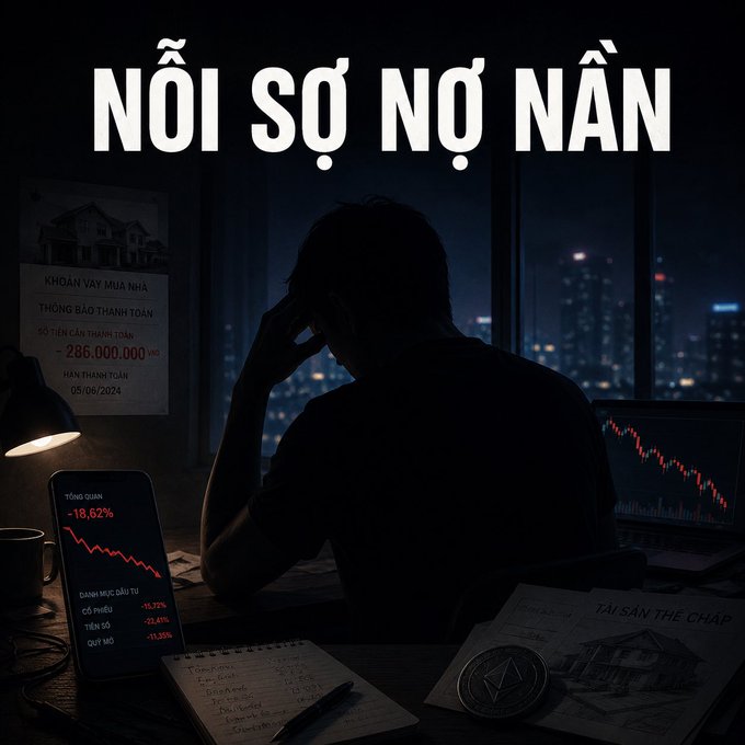 An illustration shows a distressed person at a desk at night with text 'NỖI SỢ NỢ NẦN' and 'KHOẢN VAY MUA NHÀ -286,000,000 VND' on a document, alongside a phone displaying a -18.62% loss and charts showing red declining trends.