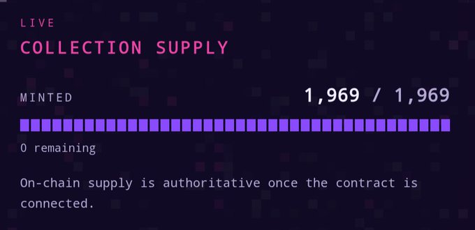 A dark-themed digital interface showing 'LIVE COLLECTION SUPPLY' with 'MINTED 1,969 / 1,969', a fully filled purple progress bar, and '0 remaining', noting that on-chain supply is authoritative once the contract is connected.