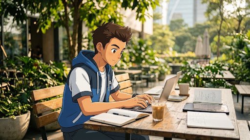 An anime-style illustration depicts a young man with brown hair in a blue and white shirt working on a laptop at a wooden outdoor table, with coffee, glasses, and papers beside him.