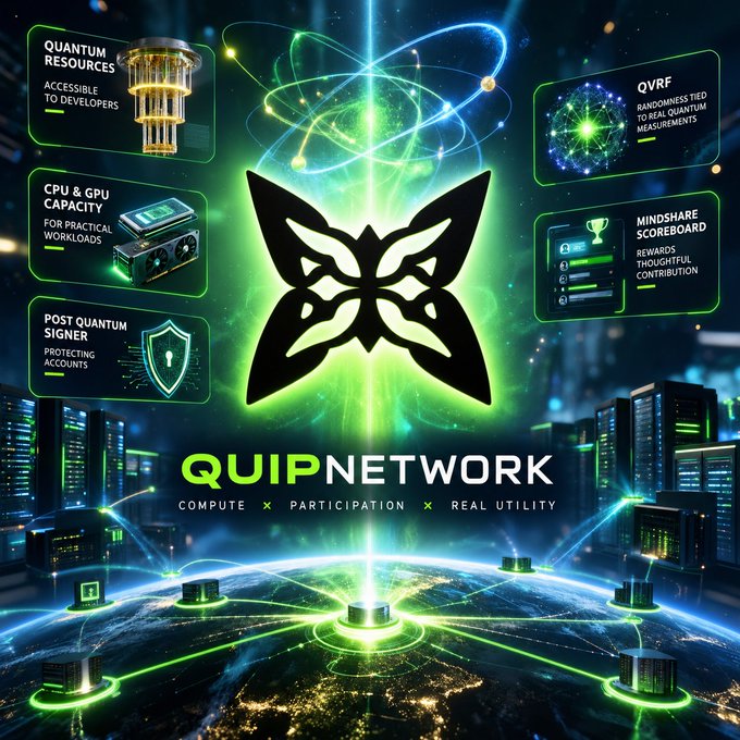 Promotional graphic for 'QUIPNETWORK' featuring a butterfly logo and the tagline 'COMPUTE X PARTICIPATION X REAL UTILITY', surrounded by feature panels for Quantum Resources, CPU & GPU Capacity, Post Quantum Signer, QVRF, and Mindshare Scoreboard.