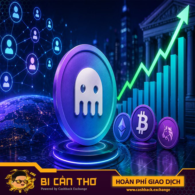 A promotional graphic featuring a purple cryptocurrency coin with a ghost logo, alongside BTC, ETH, and other coins, with an upward green chart. Banner reads 'BI CÂN THO - Powered by Cashback Exchange - HOÀN PHÍ GIAO DỊCH - www.cashback.exchange'.
