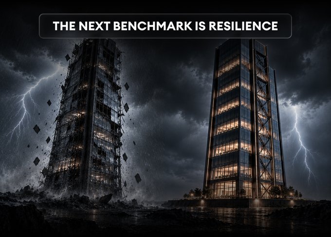 Two skyscrapers stand against a stormy sky with lightning—one crumbling amid debris on the left, the other standing intact and illuminated on the right—under the headline "THE NEXT BENCHMARK IS RESILIENCE." The image visually reinforces the post's message that blockchain infrastructure must be evaluated beyond speed and throughput to how it endures under adverse conditions.