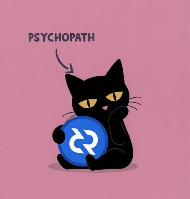 An illustration of a black cat with yellow eyes holding a blue circular logo with white arrows, labeled 'PSYCHOPATH' with an arrow pointing to the cat, on a pink background.