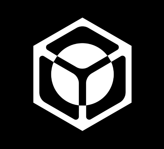 A minimalist black and white logo depicting a hexagonal cube with a circular cutout at its center.
